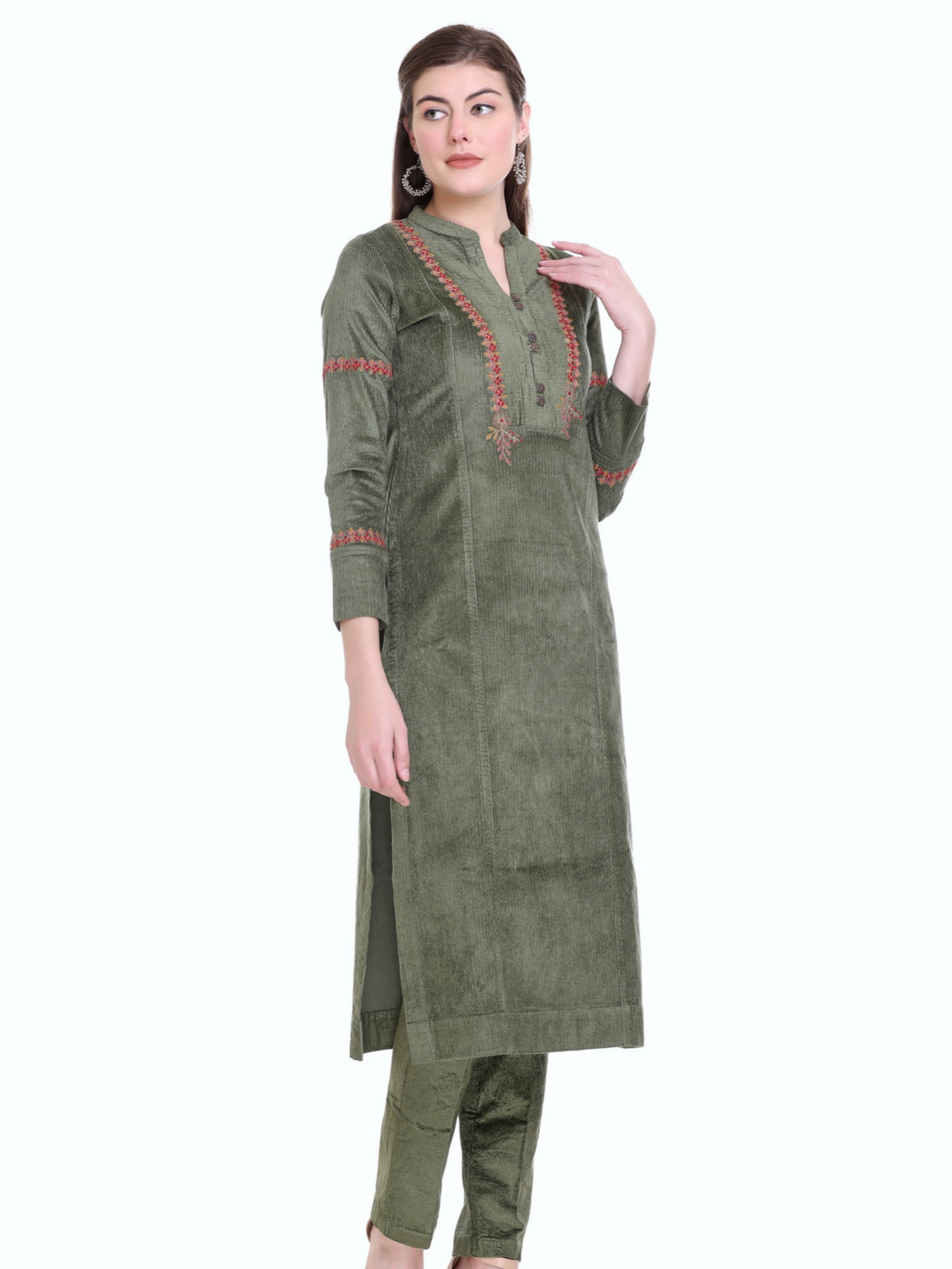Olive Yoke Design Velvet Straight Kurta Set