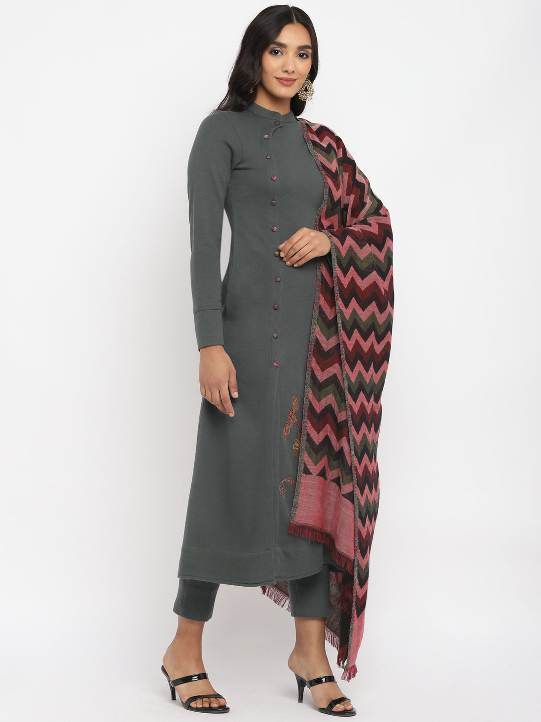 Grey  Woolen Kurta Set With Dupatta