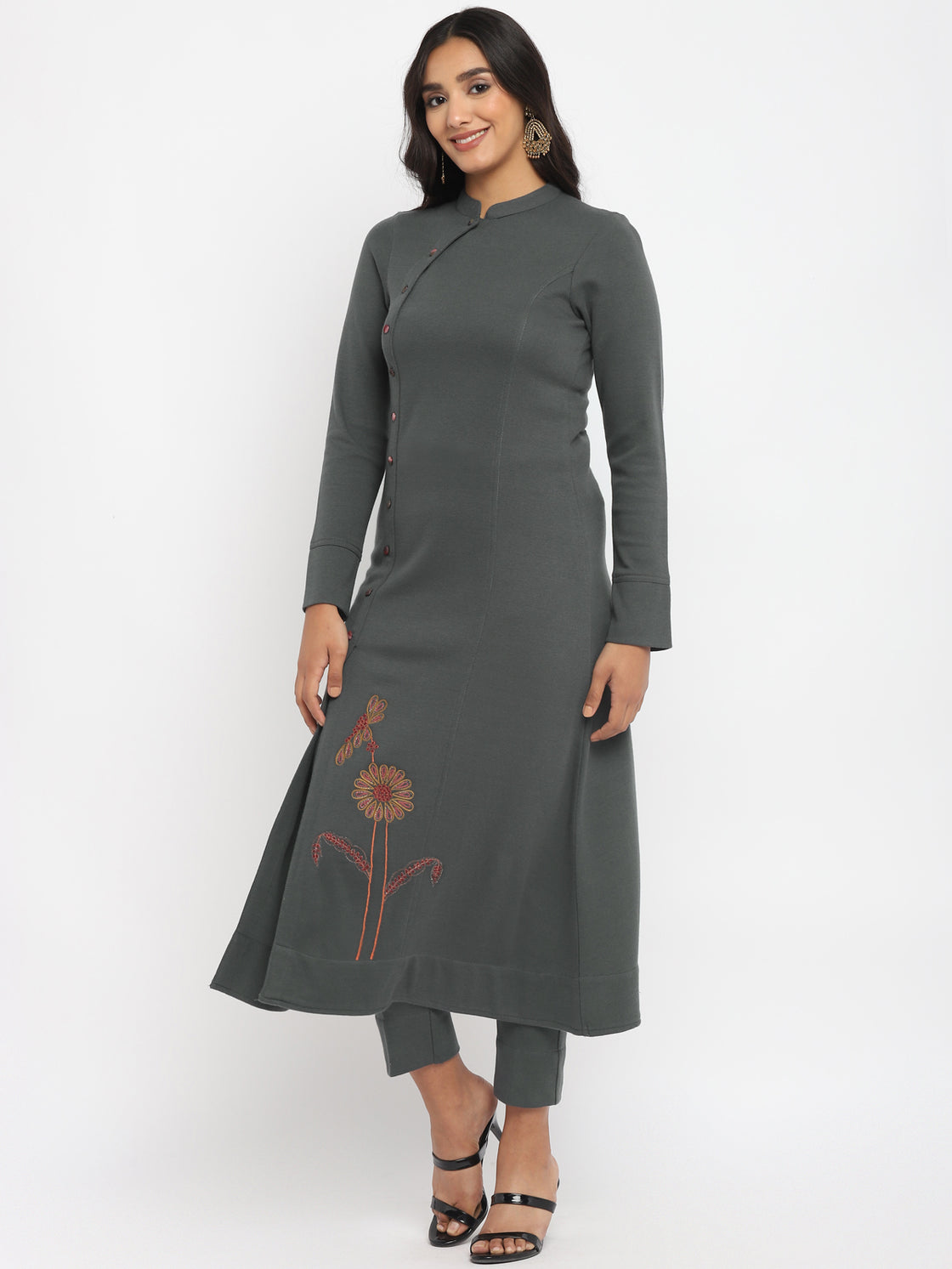 Grey  Woolen Kurta Set With Dupatta