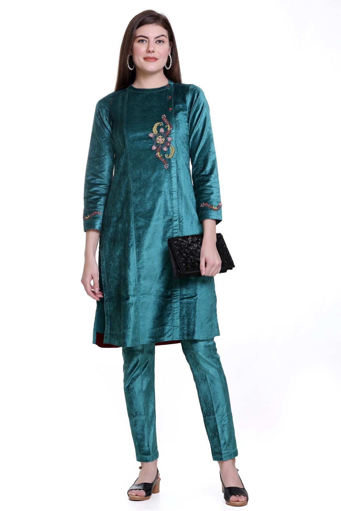 Turquoise Velvet Straight Kurta Set with Dupatta