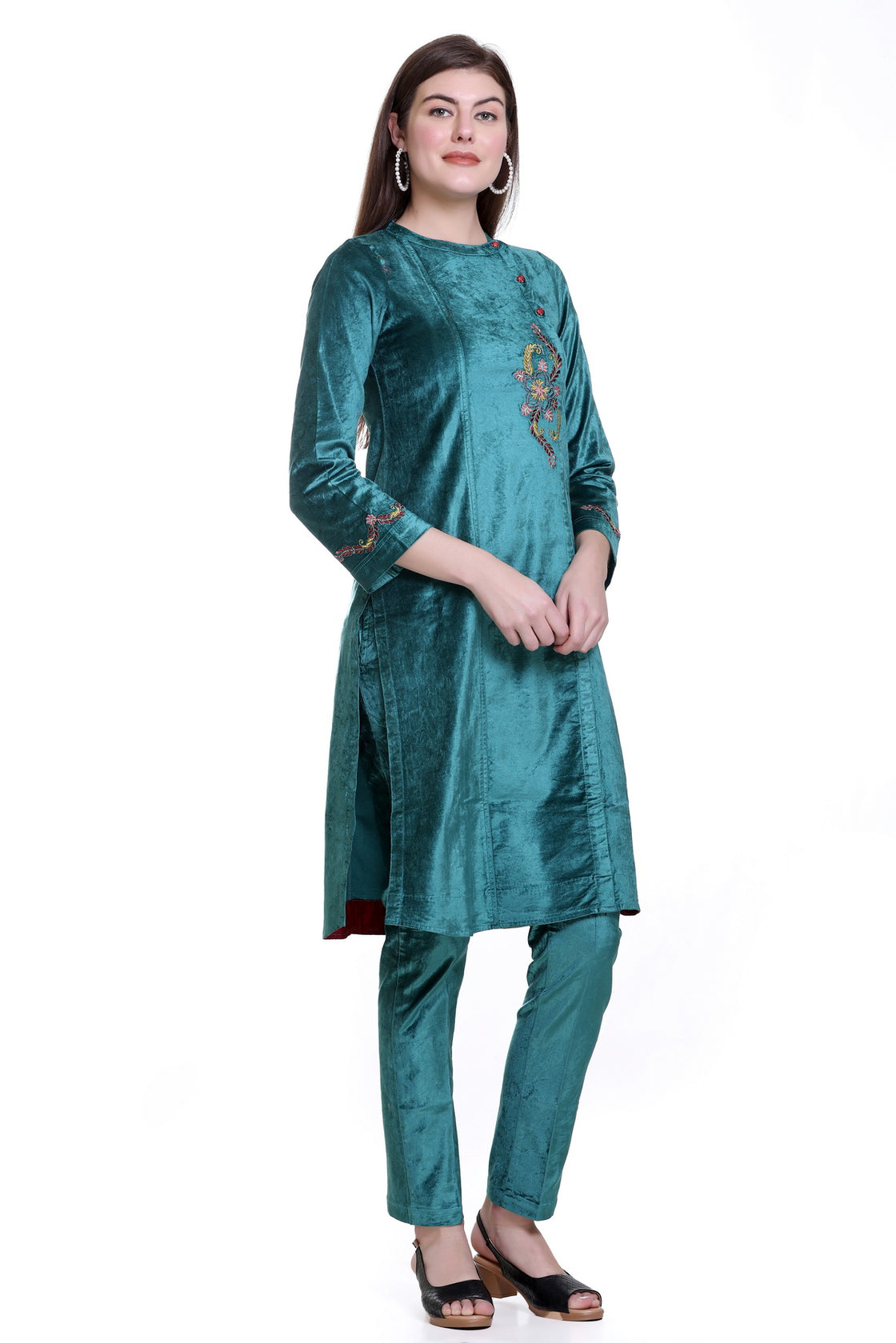 Turquoise Velvet Straight Kurta Set with Dupatta