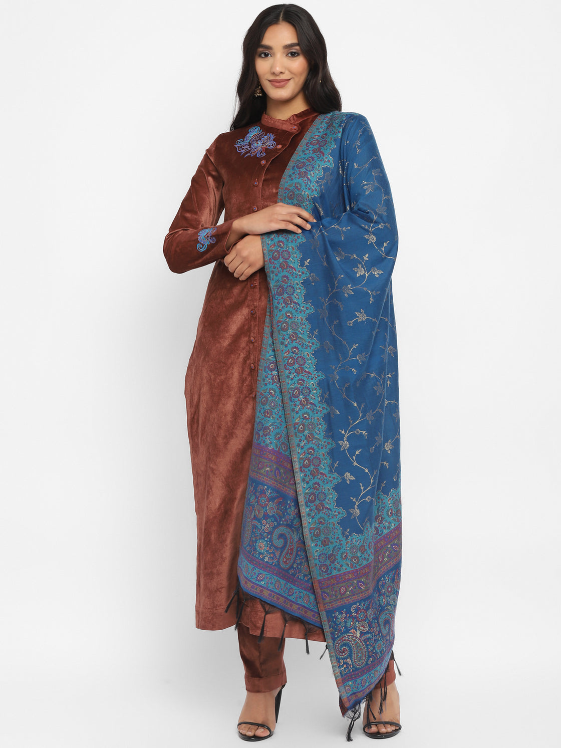 Brick Velvet Straight Kurta Set with Dupatta