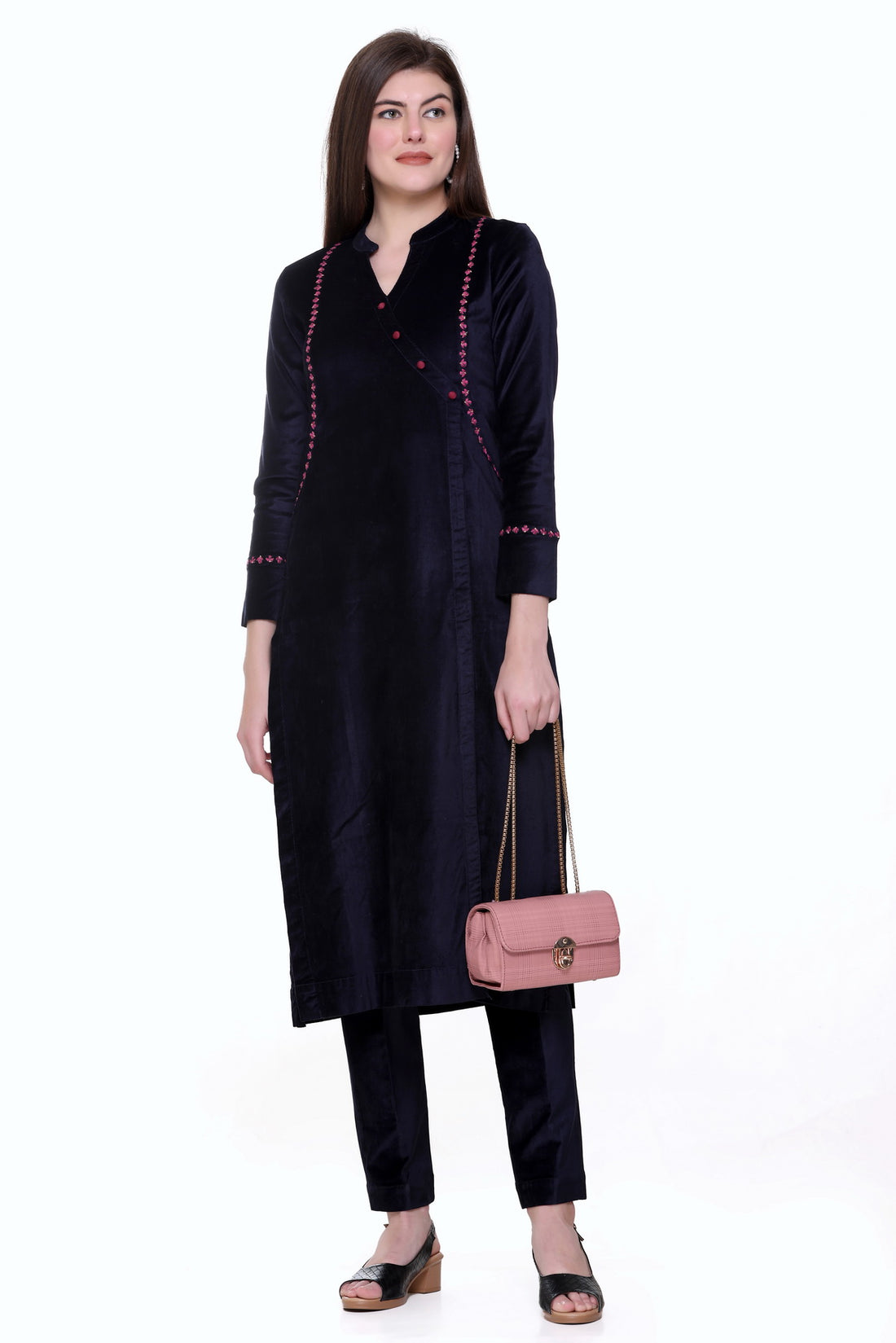 Navy Velvet Straight Kurta Set with Dupatta