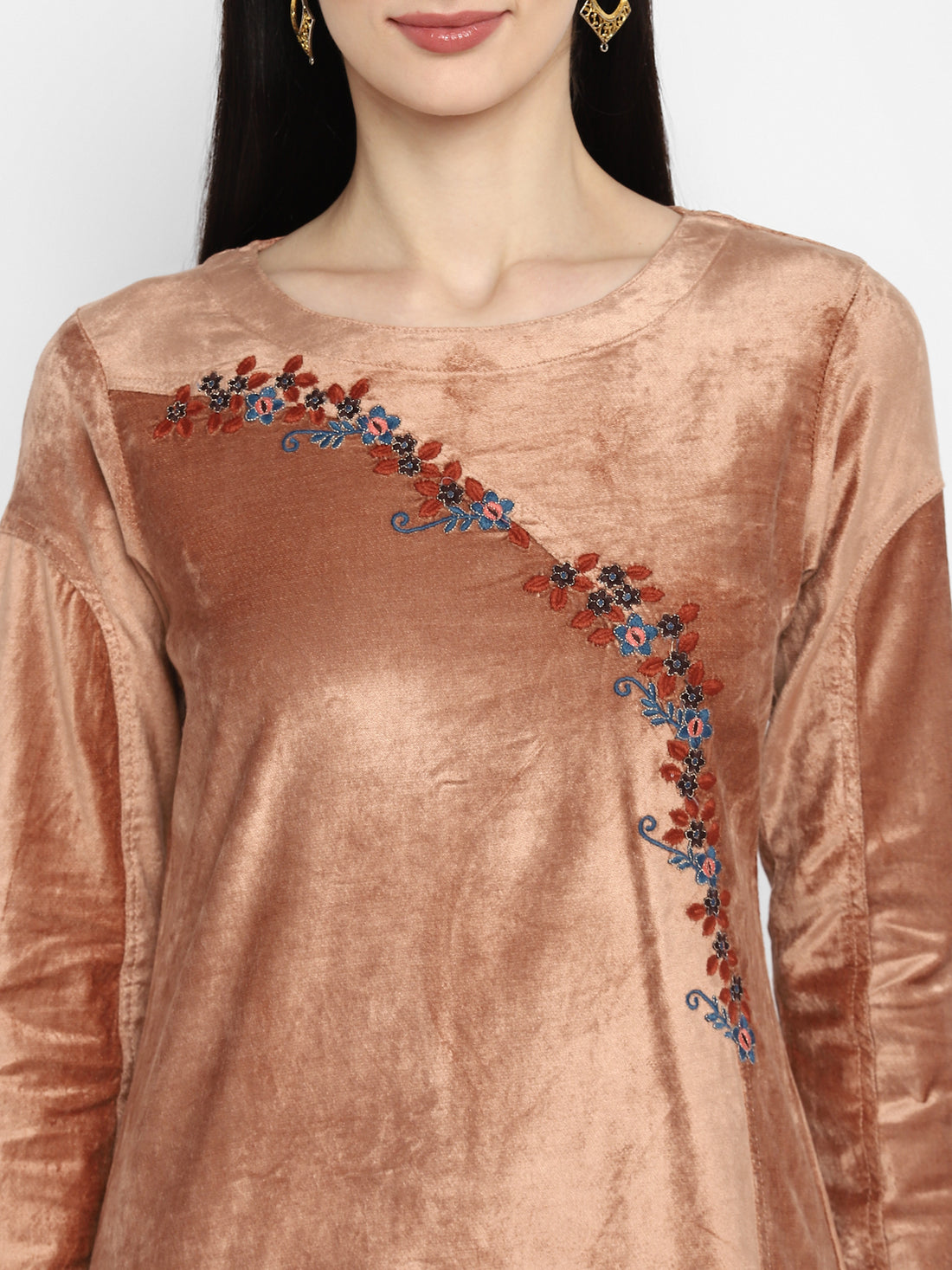 Peach Whisper Velvet Kurta Set With Dupatta